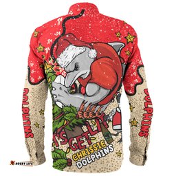 Redcliffe Dolphins Christmas Custom Long Sleeve Button Shirt - Let's Get Lit Chrisse Pressie Long Sleeve Button Shirt