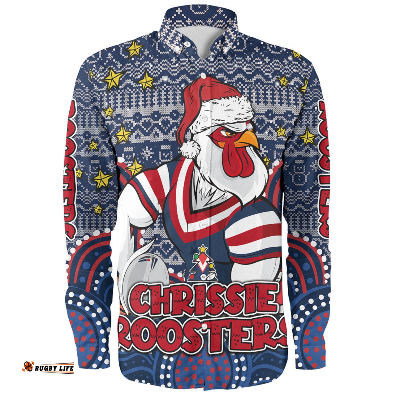 Sydney Roosters Christmas Custom Long Sleeve Button Shirt - Christmas Knit Patterns Vintage Jersey Ugly Long Sleeve Button Shirt