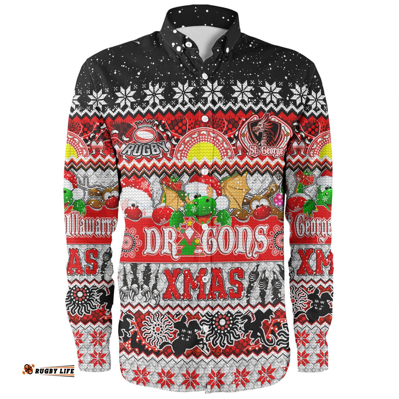 St. George Illawarra Dragons Christmas Aboriginal Custom Long Sleeve Button Shirt - Indigenous Knitted Ugly Xmas Style Long Sleeve Button Shirt