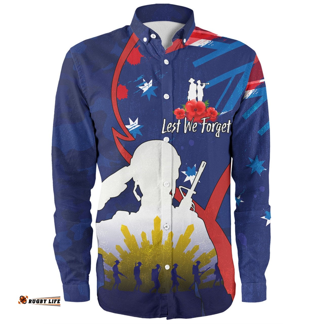 Australia Anzac Day Custom Long Sleeve Button Shirt - Lest We Forget With Blue Camouflage Pattern Long Sleeve Button Shirt