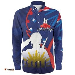 Australia Anzac Day Custom Long Sleeve Button Shirt - Lest We Forget With Blue Camouflage Pattern Long Sleeve Button Shirt