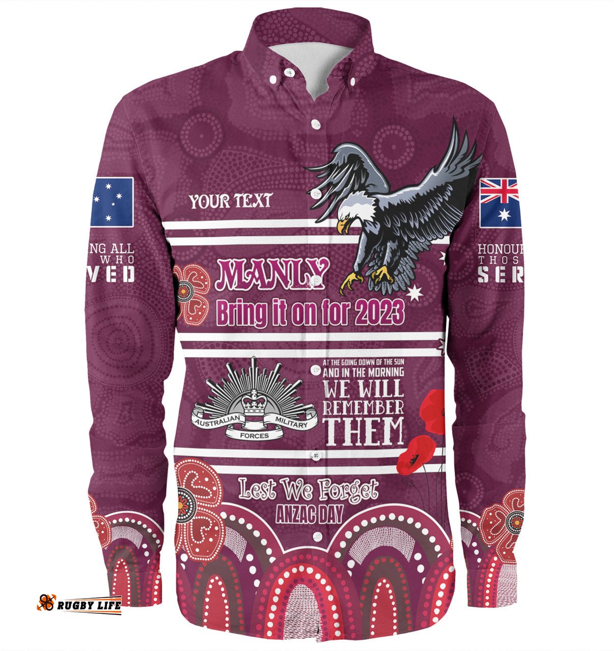 Manly Warringah Sea Eagles Anzac Custom Long Sleeve Button Shirt - Manly Bring it on 2023 Shirt