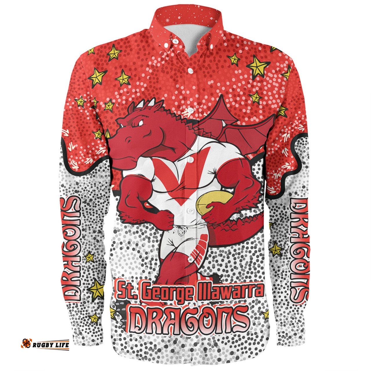 St. George Illawarra Dragons Custom Long Sleeve Button Shirt - Team With Dot And Star Patterns For Tough Fan Long Sleeve Button Shirt