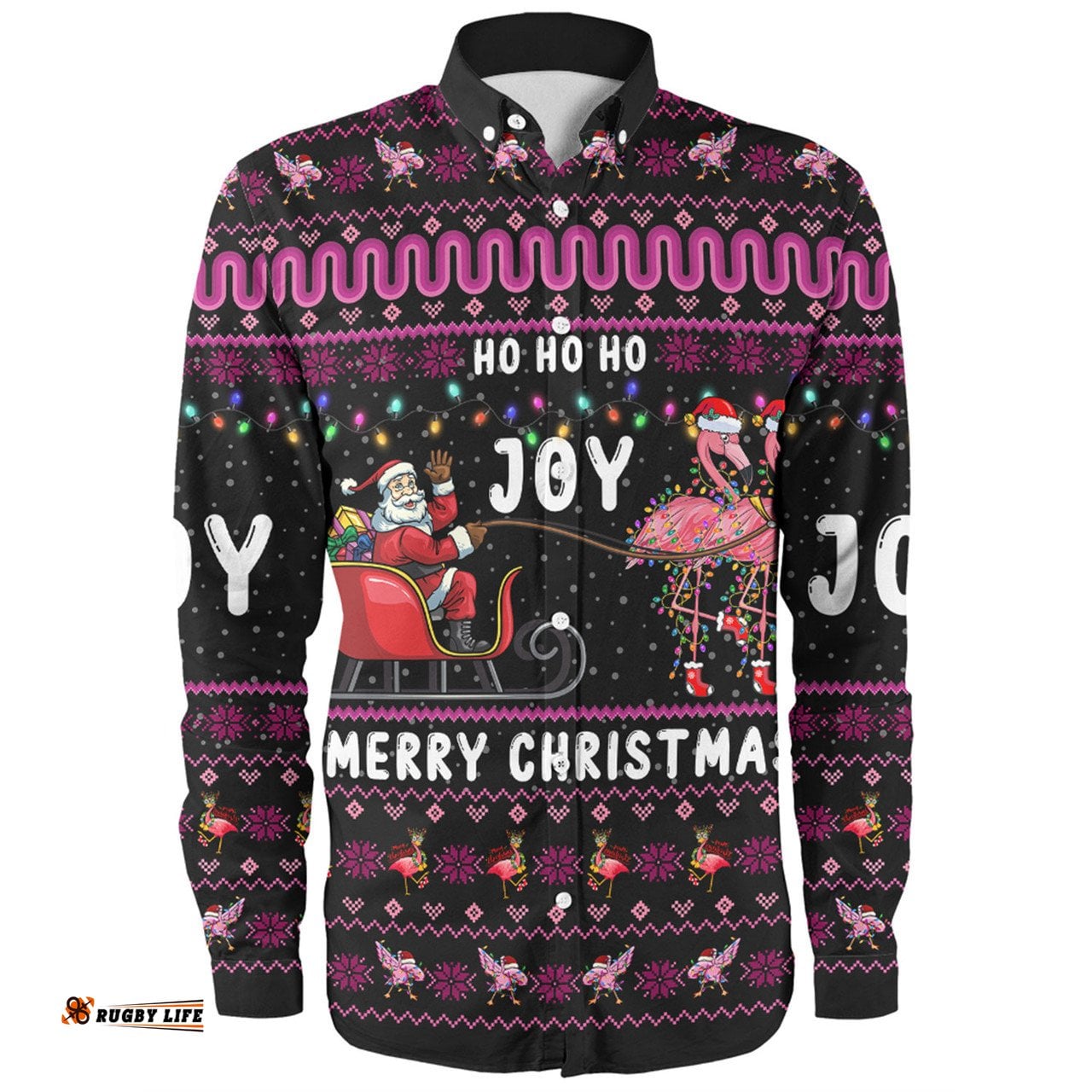 Australia Christmas Custom Long Sleeve Button Shirt - Aussie Christmas Pink Flamingo Santa Sleigh Long Sleeve Button Shirt