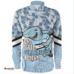 Cronulla-Sutherland Sharks Long Sleeve Button Shirt - Tropical Patterns And Dot Painting Eat Sleep Rugby Repeat