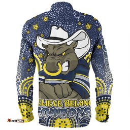 North Queensland Cowboys Custom Long Sleeve Button Shirt - Custom With Aboriginal Inspired Style Of Dot Painting Patterns Long Sleeve Button Shirt