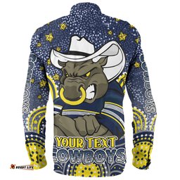 North Queensland Cowboys Custom Long Sleeve Button Shirt - Custom With Aboriginal Inspired Style Of Dot Painting Patterns Long Sleeve Button Shirt