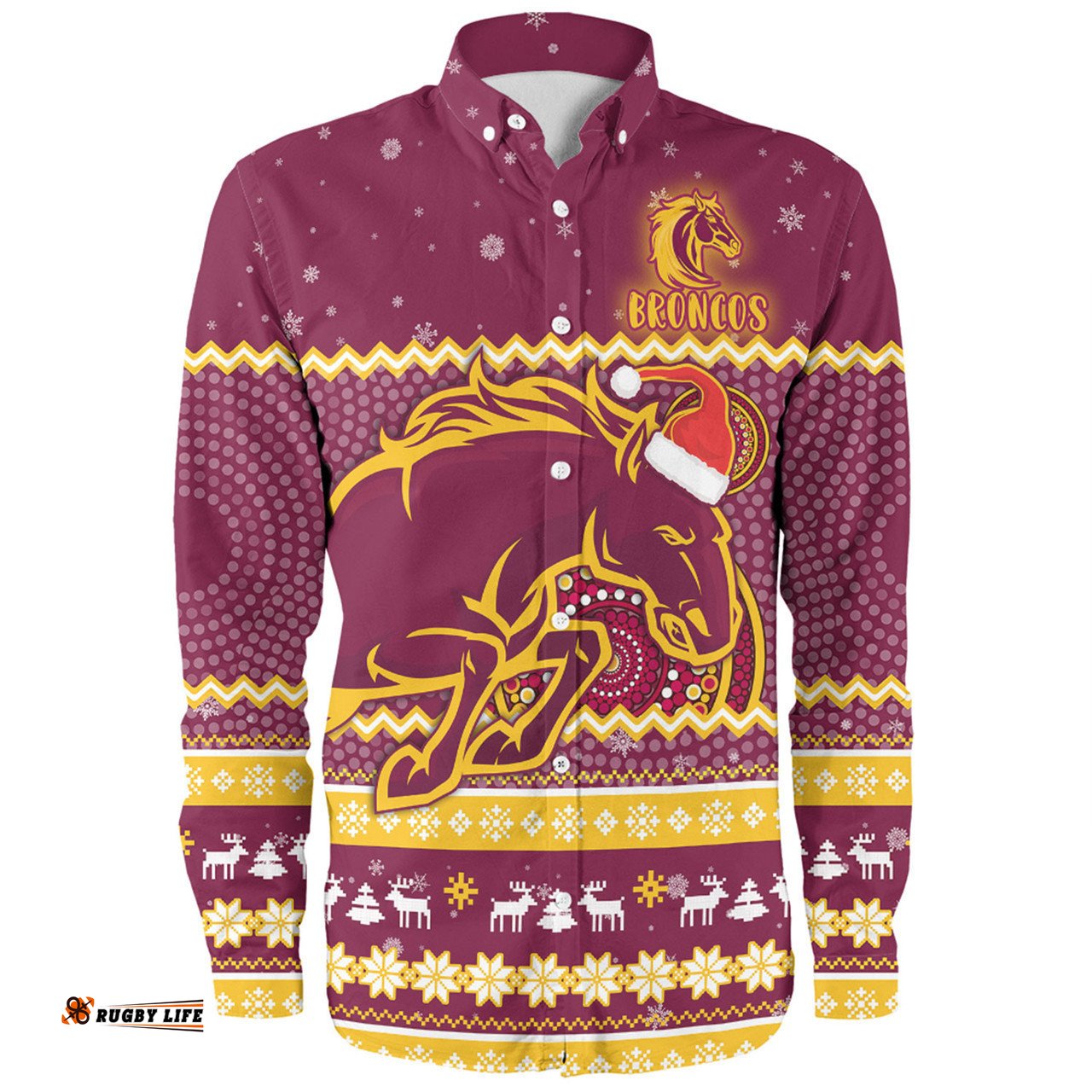 Brisbane Broncos Christmas Custom Long Sleeve Button Shirt - Ugly Xmas And Aboriginal Patterns For Die Hard Fan Long Sleeve Button Shirt