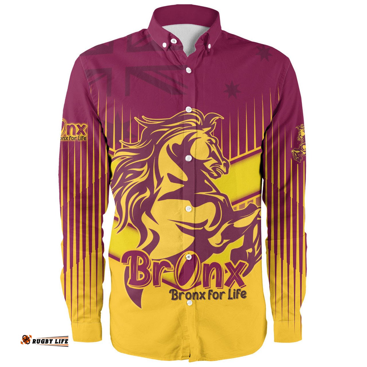 Brisbane Broncos Long Sleeve Button Shirt - Bronx Mascot With Australia Flag