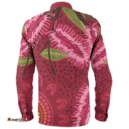 Australia Flowers Aboriginal Long Sleeve Button Shirt - Pink Bottle Brush Flora In Indigenous Painting Long Sleeve Button Shirt