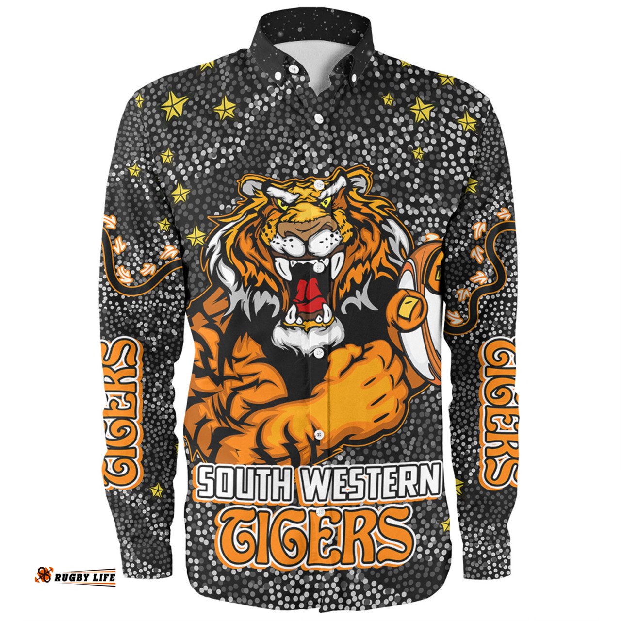 Wests Tigers Custom Long Sleeve Button Shirt - Team With Dot And Star Patterns For Tough Fan Long Sleeve Button Shirt