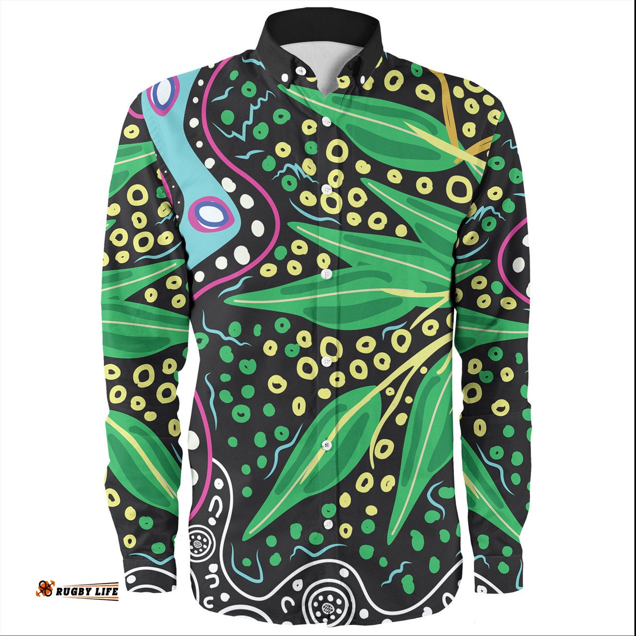 Australia Wattle Leaves Long Sleeve Button Shirts - Aboriginal Dot Art And Wattle Leaves Long Sleeve Button Shirts