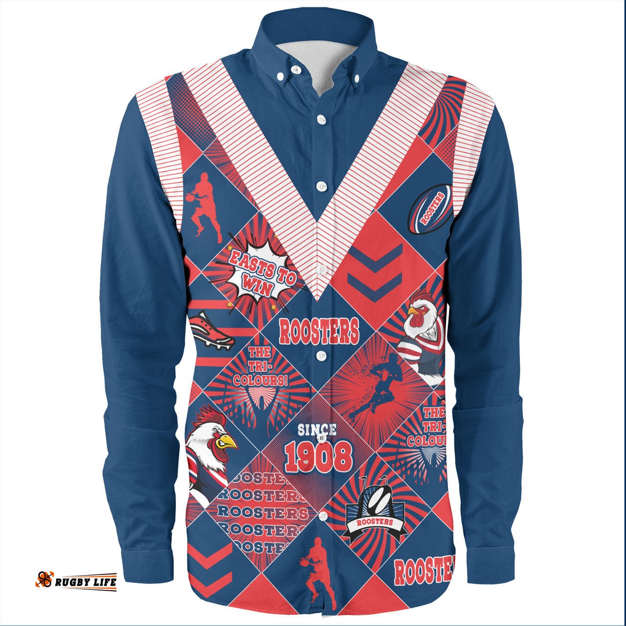 Sydney Roosters Long Sleeve Button Shirt - Argyle Patterns Style Tough Fan Rugby For Life