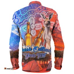 Australia Kangaroo Aboriginal Camping Custom Long Sleeve Button Shirt - Aussie Outback Camping with Beer Long Sleeve Button Shirt