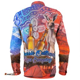 Australia Kangaroo Aboriginal Camping Custom Long Sleeve Button Shirt - Aussie Outback Camping with Beer Long Sleeve Button Shirt