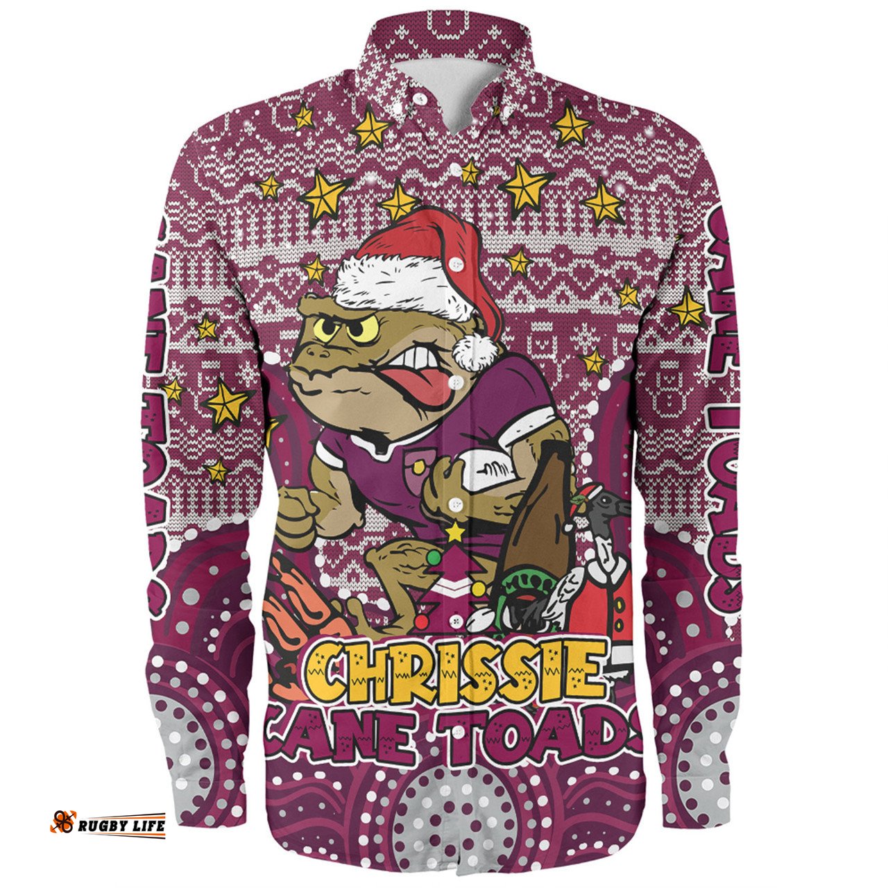 Queensland Cane Toads Christmas Custom Long Sleeve Button Shirt - Christmas Knit Patterns Vintage Jersey Ugly Long Sleeve Button Shirt