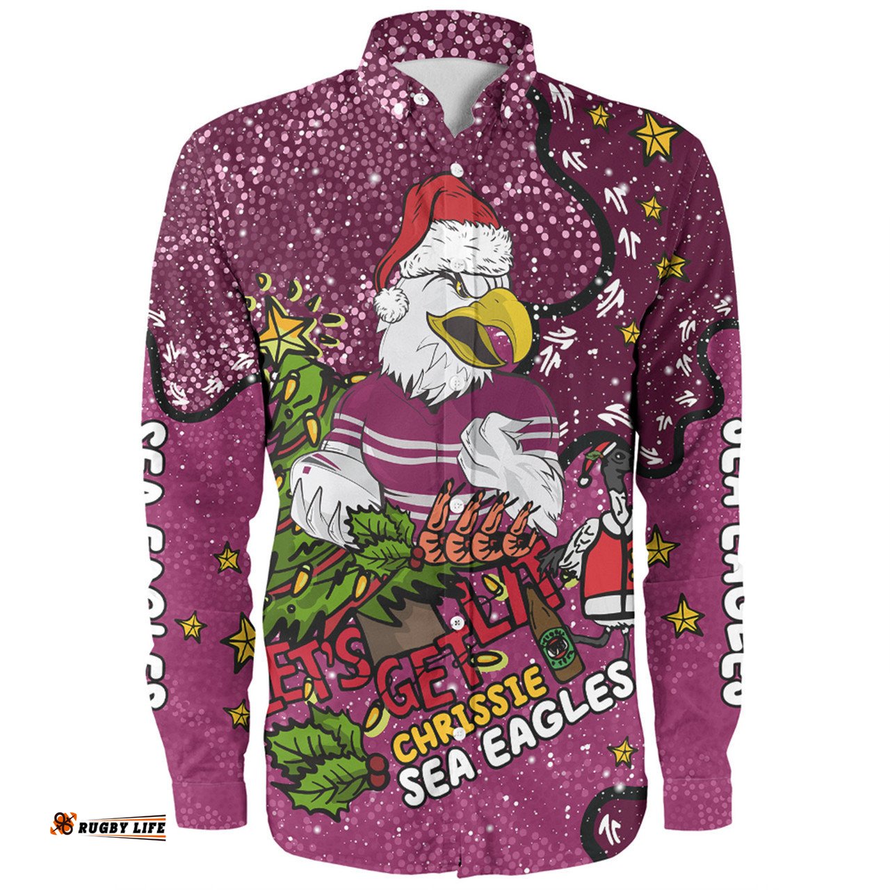 Manly Warringah Sea Eagles Christmas Custom Long Sleeve Button Shirt - Let's Get Lit Chrisse Pressie Long Sleeve Button Shirt