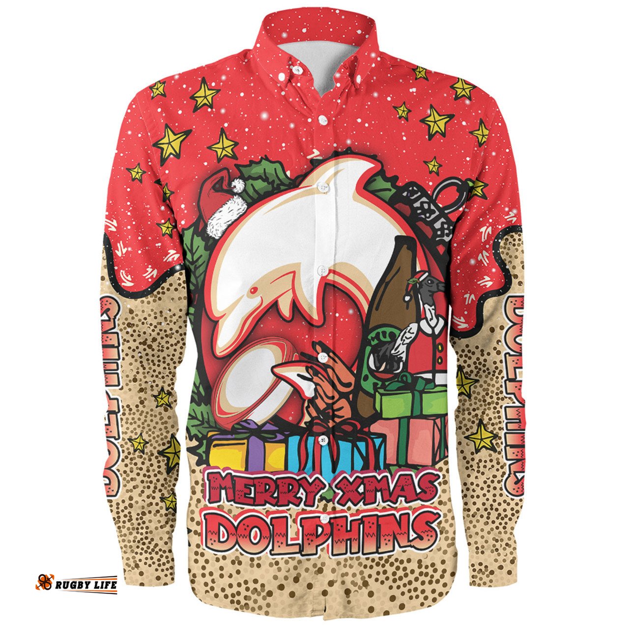 Redcliffe Dolphins Christmas Custom Long Sleeve Button Shirt - Merry Christmas Our Beloved Team With Aboriginal Dot Art Pattern Long Sleeve Button Shirt