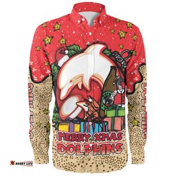 Redcliffe Dolphins Christmas Custom Long Sleeve Button Shirt - Merry Christmas Our Beloved Team With Aboriginal Dot Art Pattern Long Sleeve Button Shirt