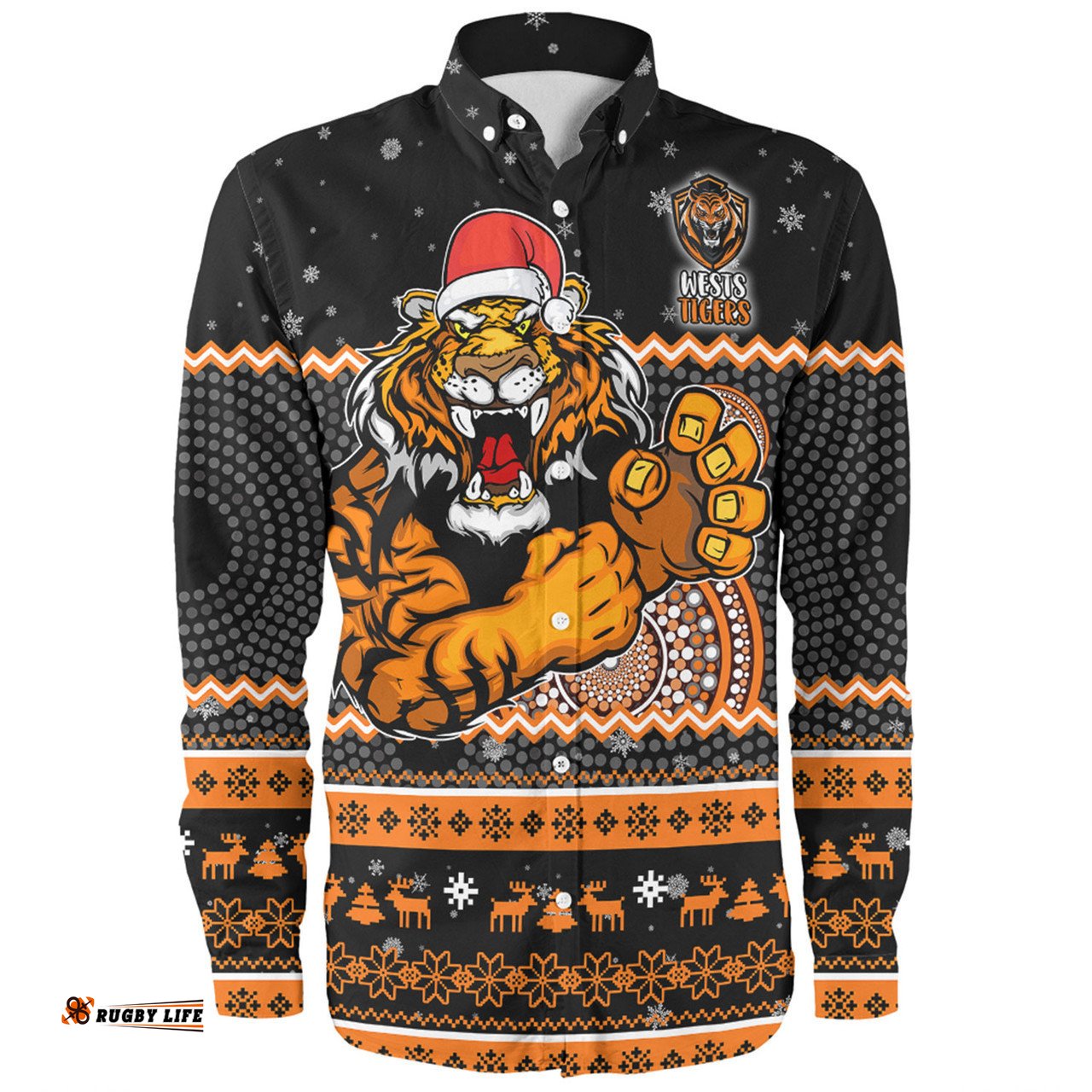 Wests Tigers Christmas Custom Long Sleeve Button Shirt - Ugly Xmas And Aboriginal Patterns For Die Hard Fan Long Sleeve Button Shirt