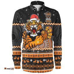 Wests Tigers Christmas Custom Long Sleeve Button Shirt - Ugly Xmas And Aboriginal Patterns For Die Hard Fan Long Sleeve Button Shirt