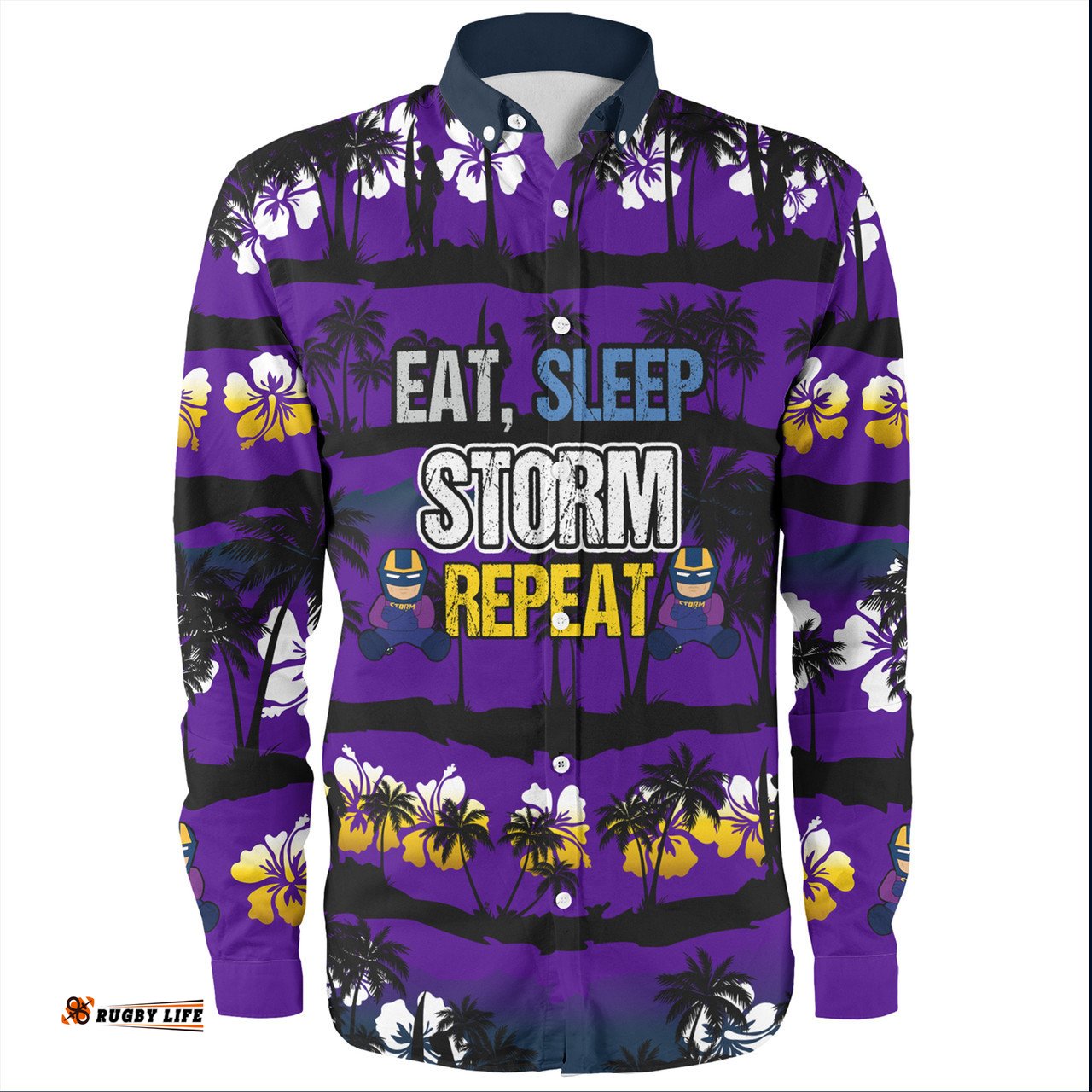 Melbourne Storm Long Sleeve Button Shirt - Eat Sleep Repeat With Tropical Patterns