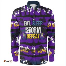 Melbourne Storm Long Sleeve Button Shirt - Eat Sleep Repeat With Tropical Patterns