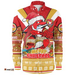 Redcliffe Dolphins Christmas Custom Long Sleeve Button Shirt - Redcliffe Dolphins Santa Aussie Big Things Long Sleeve Button Shirt