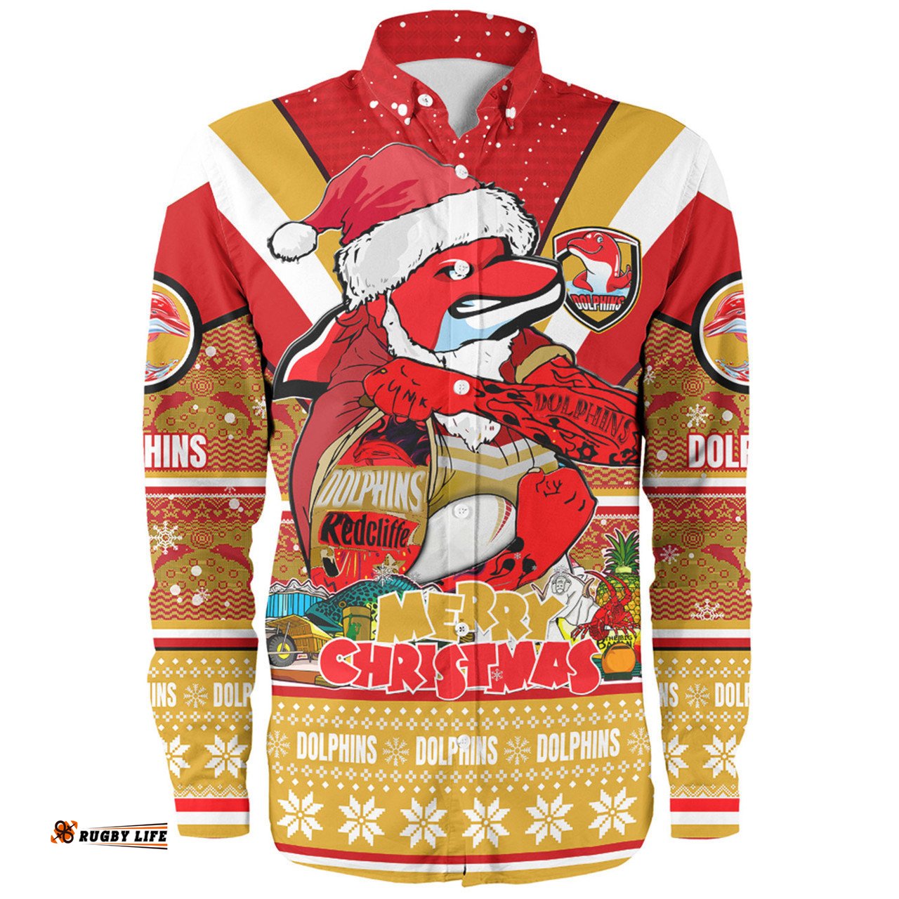 Redcliffe Dolphins Christmas Custom Long Sleeve Button Shirt - Redcliffe Dolphins Santa Aussie Big Things Long Sleeve Button Shirt