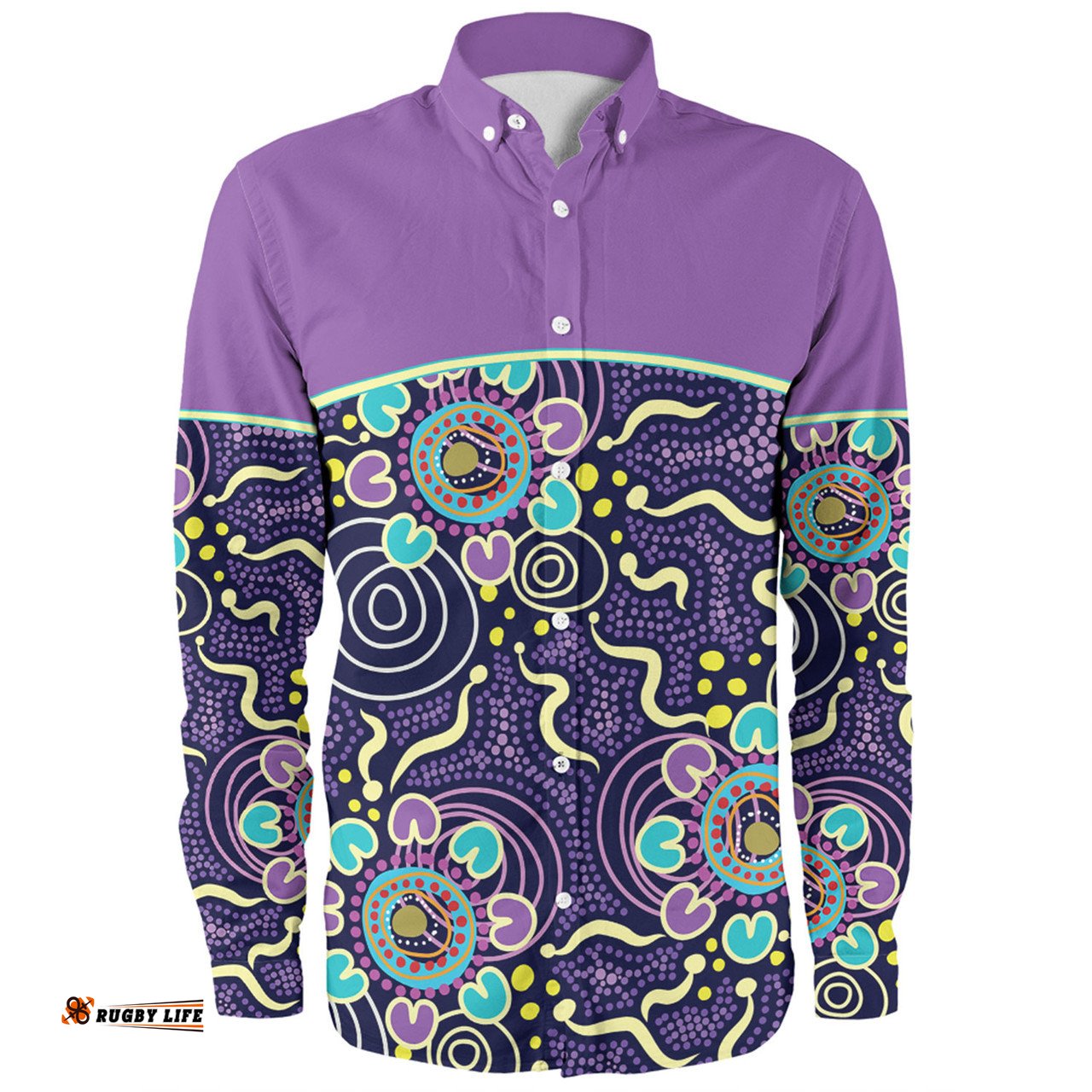 Australia Aboriginal Custom Long Sleeve Button Shirt - Purple Painting With Aboriginal Inspired Dot Long Sleeve Button Shirt