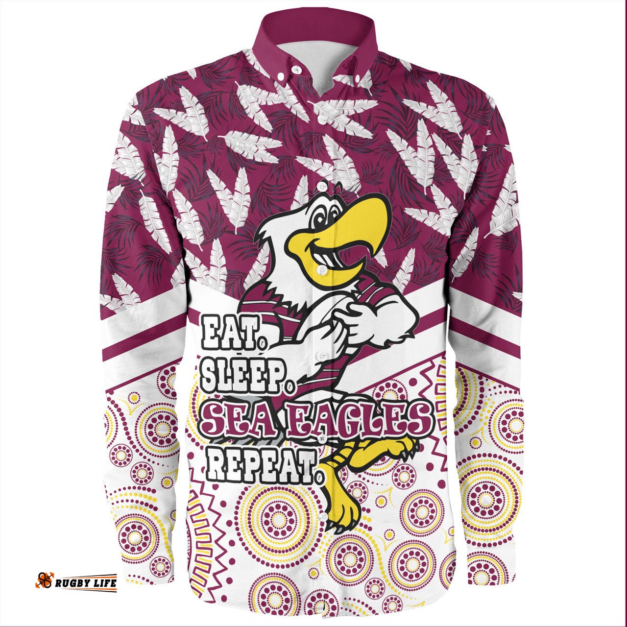 Manly Warringah Sea Eagles Long Sleeve Button Shirt - Tropical Patterns And Dot Painting Eat Sleep Rugby Repeat