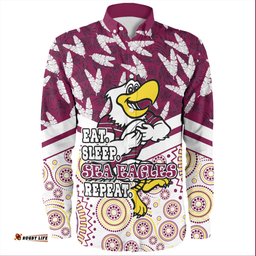 Manly Warringah Sea Eagles Long Sleeve Button Shirt - Tropical Patterns And Dot Painting Eat Sleep Rugby Repeat