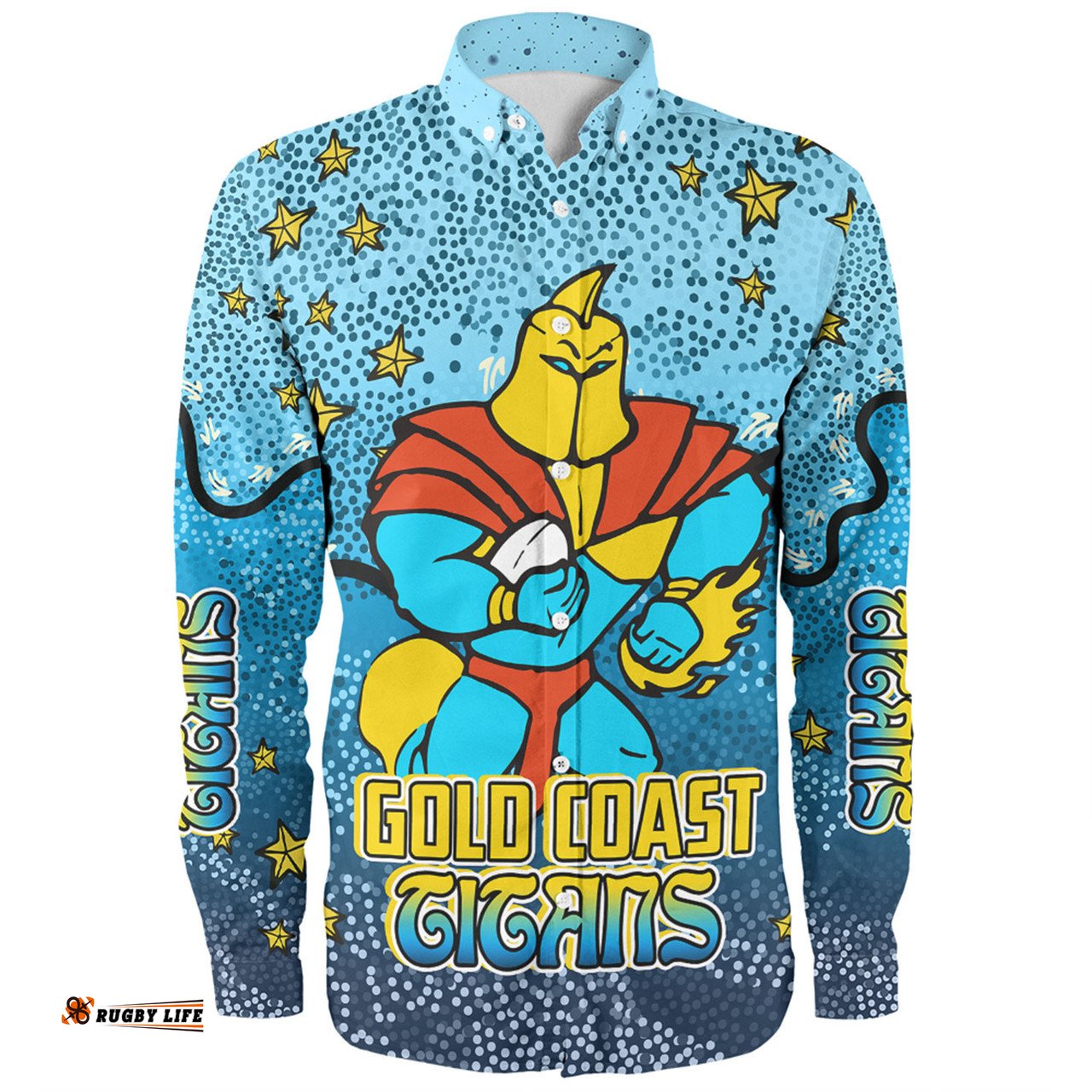 Gold Coast Titans Custom Long Sleeve Button Shirt - Team With Dot And Star Patterns For Tough Fan Long Sleeve Button Shirt