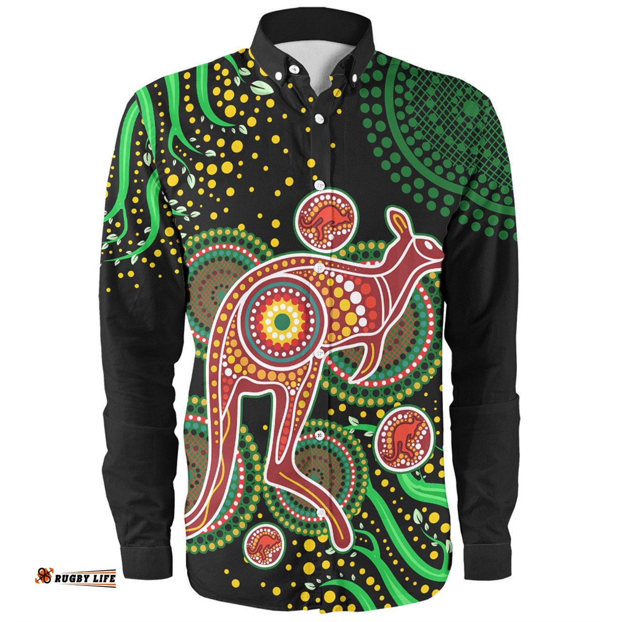 Australia Kangaroo Aboriginal Custom Long Sleeve Button Shirt - Aboriginal Plant With Kangaroo Colorful Art Long Sleeve Button Shirt