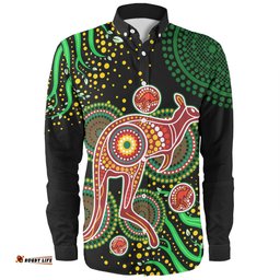 Australia Kangaroo Aboriginal Custom Long Sleeve Button Shirt - Aboriginal Plant With Kangaroo Colorful Art Long Sleeve Button Shirt