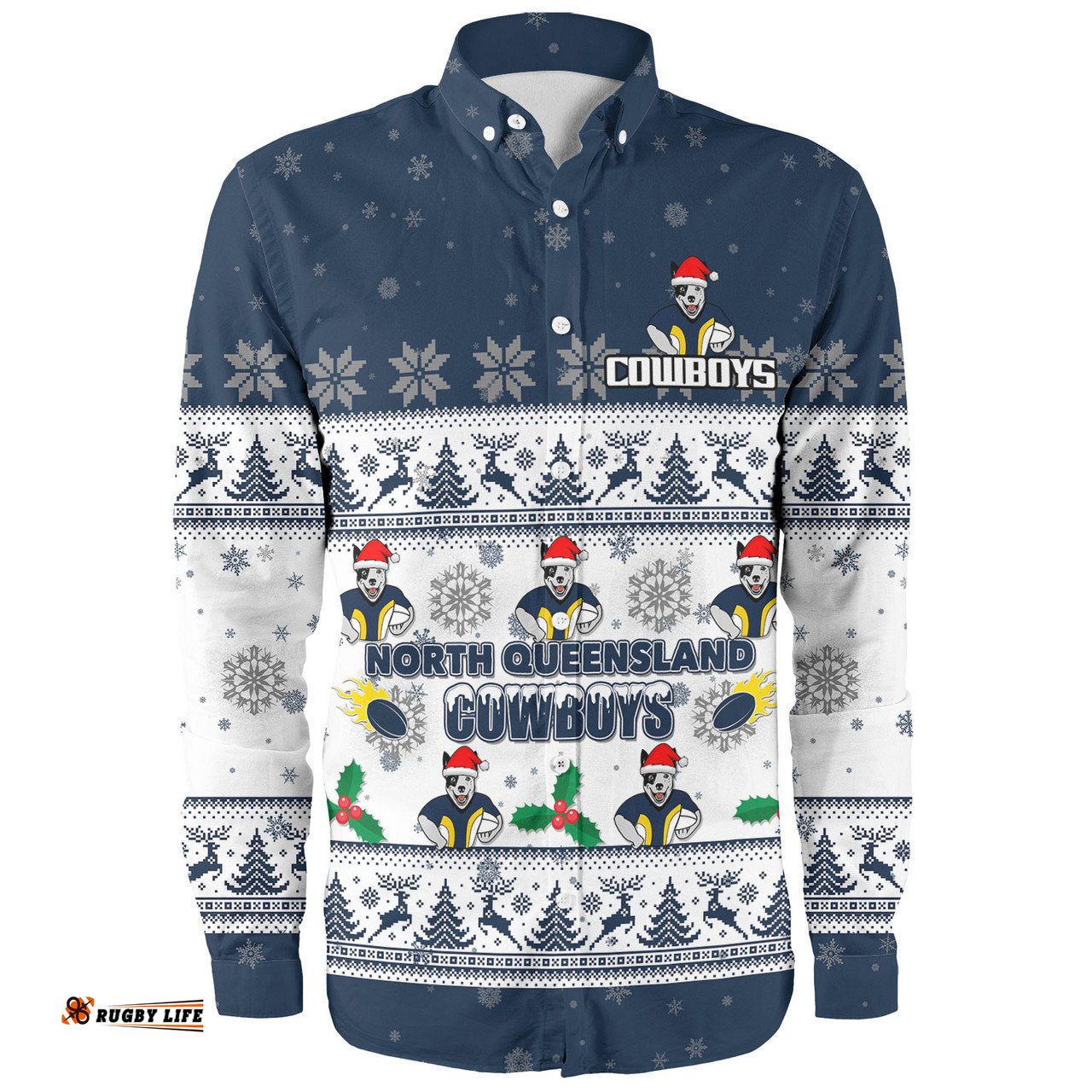 North Queensland Cowboys Christmas Custom Long Sleeve Button Shirt - Special Ugly Christmas Long Sleeve Button Shirt