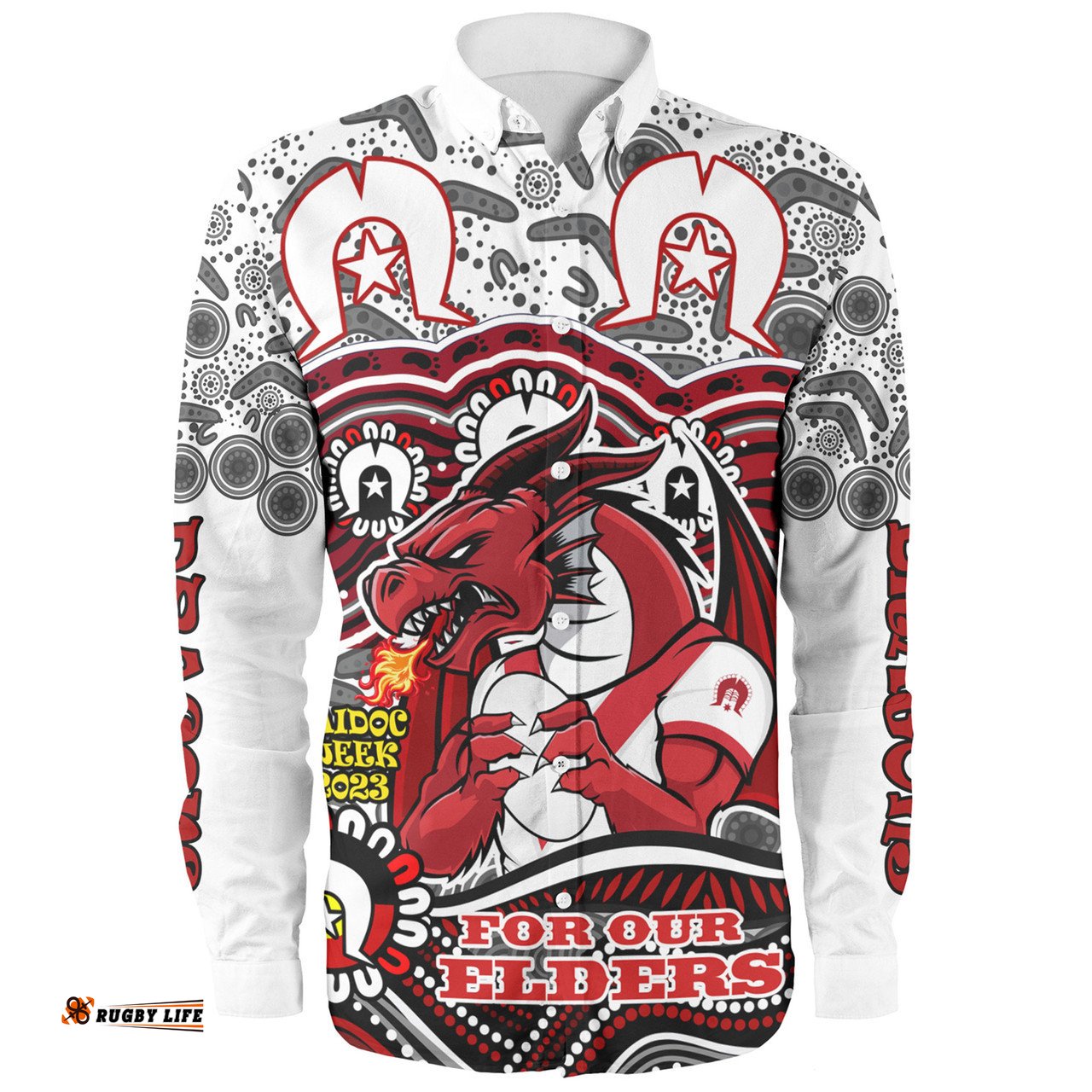 St. George Illawarra Dragons Naidoc Week Long Sleeve Button Shirt - Aboriginal Inspired For Our Elders NAIDOC Week 2023