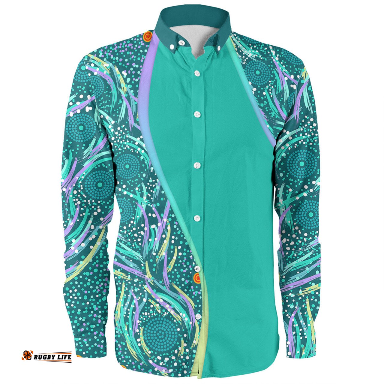 Australia Aboriginal Custom Long Sleeve Button Shirt - Turquoise Dot Dreamtime Long Sleeve Button Shirt