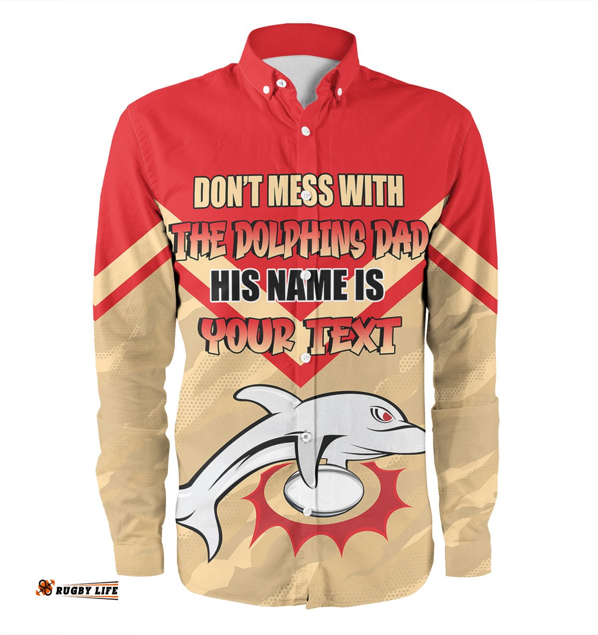 Redcliffe Dolphins Father's Day Long Sleeve Button Shirt - Screaming Dad and Crazy Fan