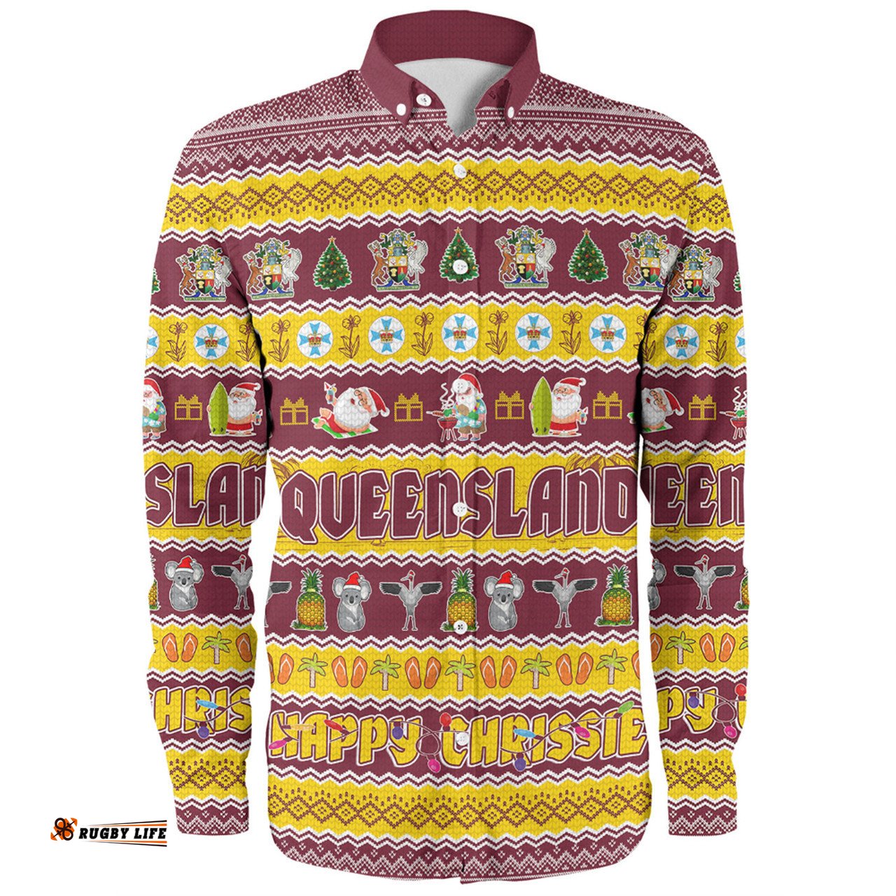 Queensland Christmas Custom Long Sleeve Button Shirt - Happy Chrissie Ugly Style Long Sleeve Button Shirt