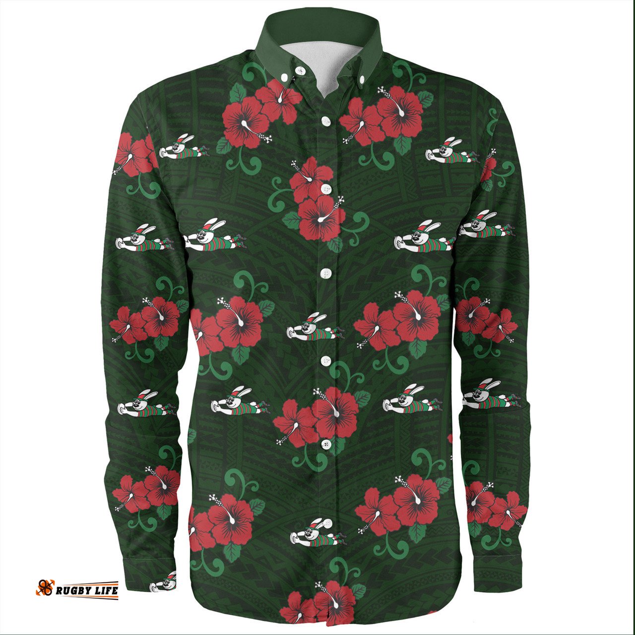 South Sydney Rabbitohs Long Sleeve Button Shirt - Bunnies With Maori Patterns Long Sleeve Button Shirt