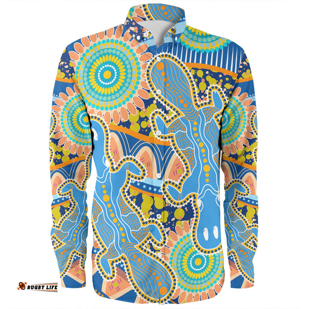 Australia Platypus Aboriginal Long Sleeve Button Shirt - Blue Platypus With Aboriginal Art Dot Painting Patterns Inspired Long Sleeve Button Shirt