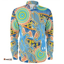 Australia Platypus Aboriginal Long Sleeve Button Shirt - Blue Platypus With Aboriginal Art Dot Painting Patterns Inspired Long Sleeve Button Shirt