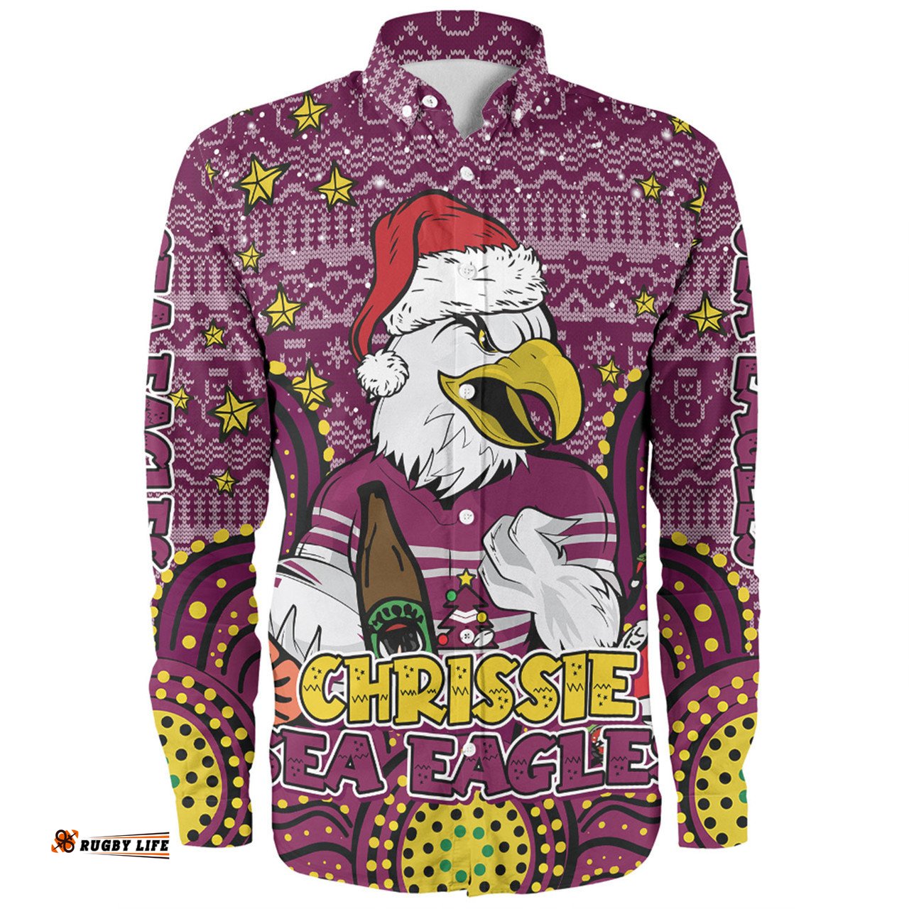 Manly Warringah Sea Eagles Christmas Custom Long Sleeve Button Shirt - Christmas Knit Patterns Vintage Jersey Ugly Long Sleeve Button Shirt