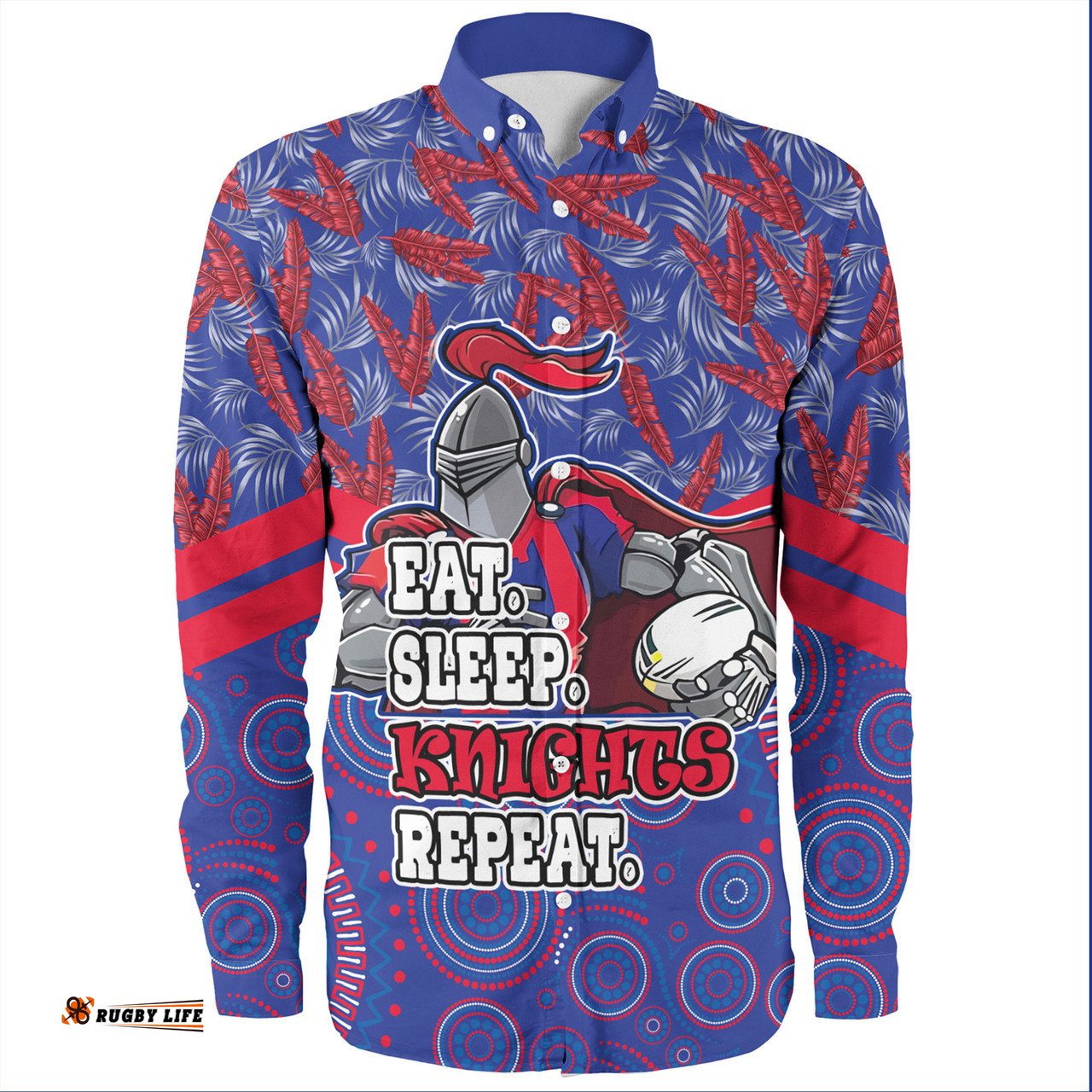 Newcastle Knights Sport Long Sleeve Button Shirt - Tropical Patterns And Dot Painting Eat Sleep Rugby Repeat