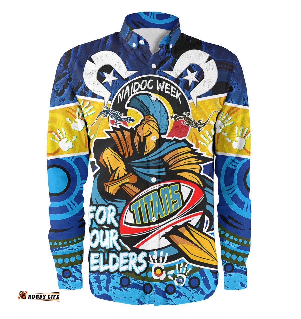 Gold Coast Titans Naidoc Week Custom Long Sleeve Button Shirts - Gold Coast Titans Naidoc Week For Our Elders Dot Art Style Long Sleeve Button Shirts