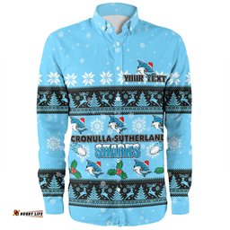 Cronulla-Sutherland Sharks Christmas Custom Long Sleeve Button Shirt - Special Ugly Christmas Long Sleeve Button Shirt