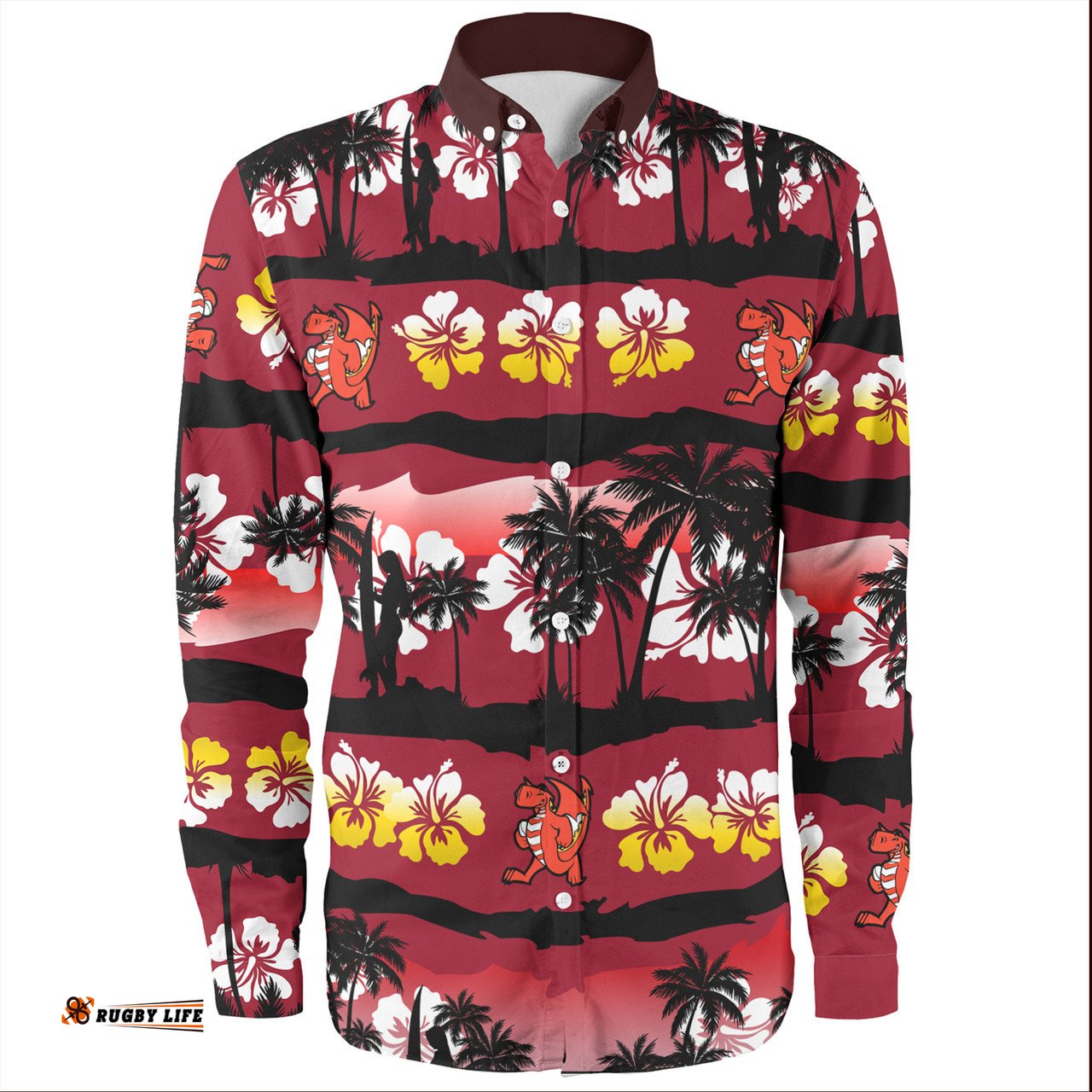 St. George Illawarra Dragons Long Sleeve Button Shirt - Tropical Hibiscus and Coconut Trees
