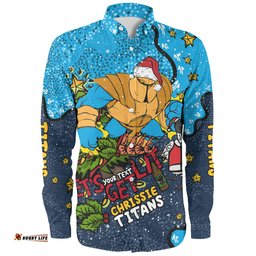 Gold Coast Titans Christmas Custom Long Sleeve Button Shirt - Let's Get Lit Chrisse Pressie Long Sleeve Button Shirt