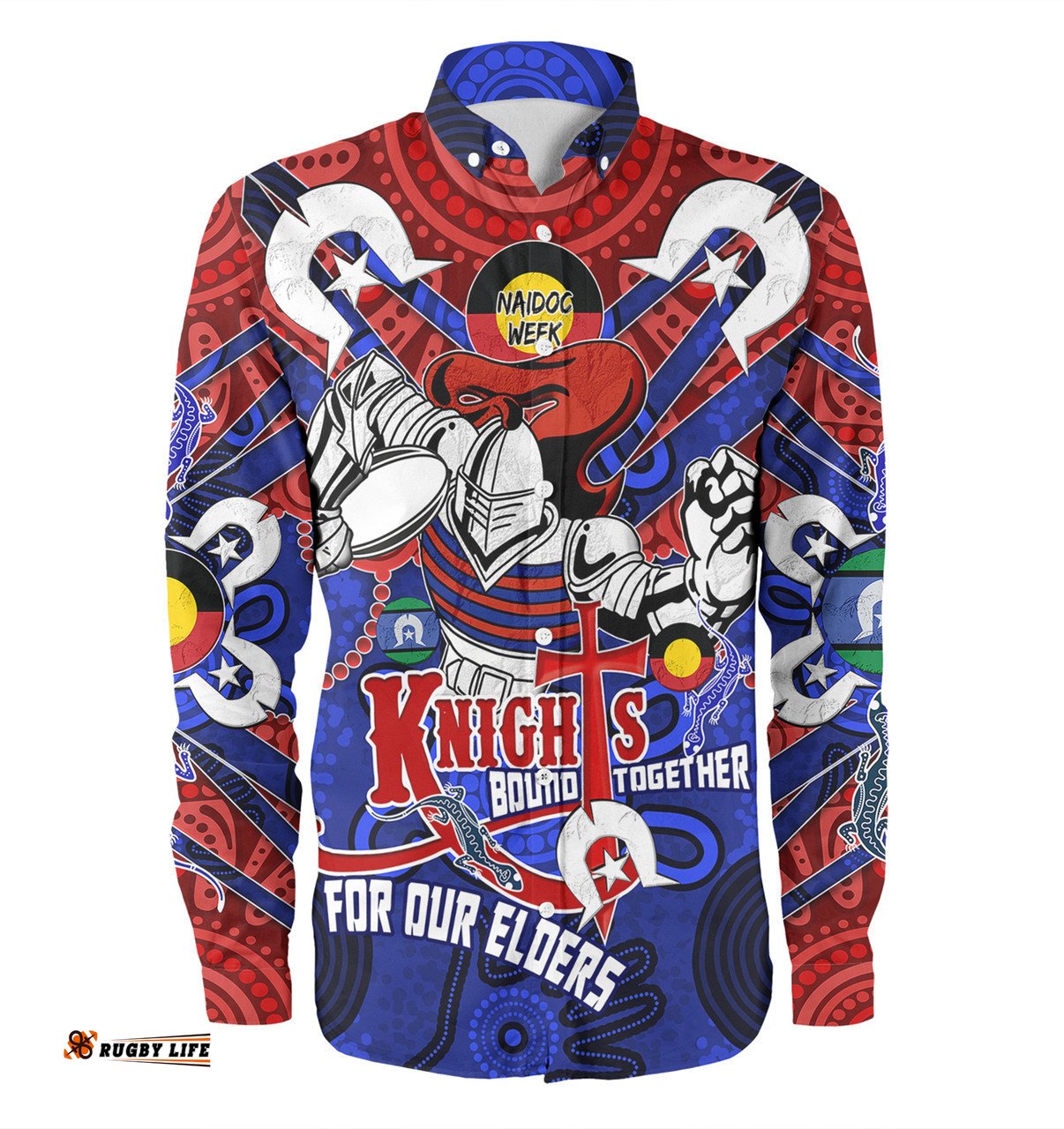 Newcastle Knights Naidoc Week Custom Long Sleeve Button Shirts - Newcastle Knights Naidoc Week For Our Elders Knights Bound Together Long Sleeve Button Shirts